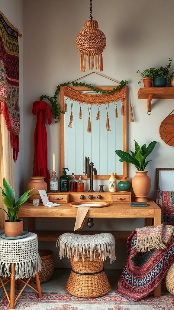 A bohemian chic vanity area featuring a wooden vanity with a mirror, colorful textiles, plants, and a woven pendant light.