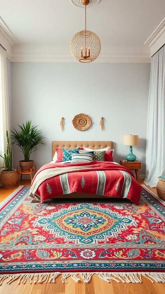 50 Boho Bedroom Decor Ideas to Transform Your Space A Boho bedroom featuring a colorful statement rug, cozy bed, and stylish decor.