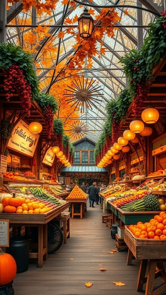 A charming fall market with colorful fruits and pumpkins under a canopy of orange leaves.