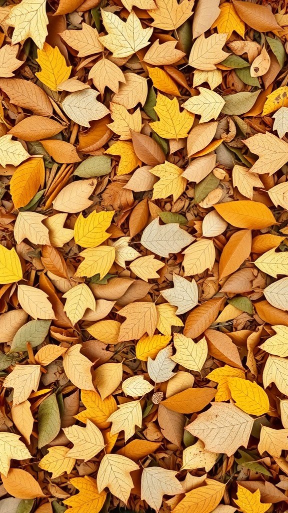 A ground covered with various fallen leaves in shades of orange, yellow, and brown.