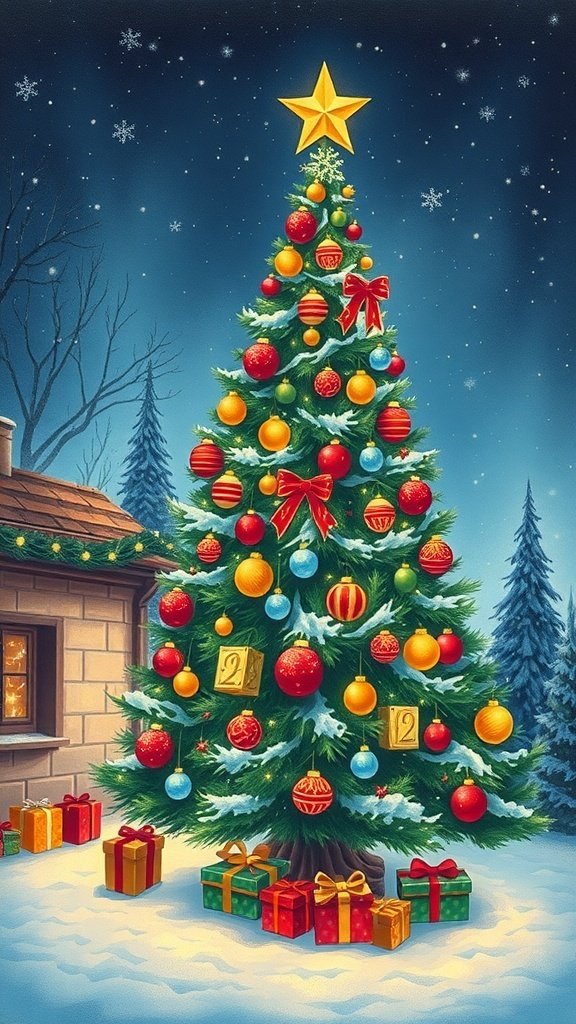 50 Creative Christmas Tree Decor Ideas to Elevate Your Holiday Spirit A beautifully decorated Christmas tree with colorful ornaments and presents underneath, set against a snowy background.