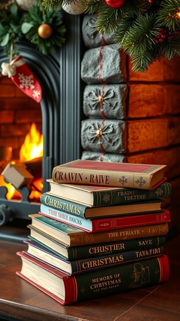 50 Charming Vintage Christmas Decor Ideas to Transform Your Home A stack of vintage Christmas books near a fireplace decorated for the holidays.