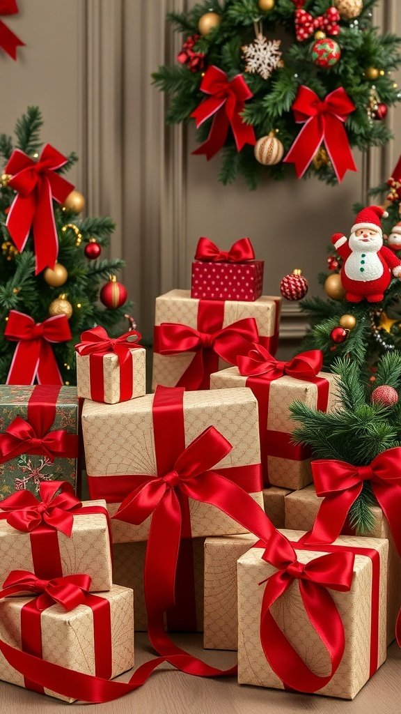 50 Charming Vintage Christmas Decor Ideas to Transform Your Home A collection of beautifully wrapped gifts with classic red velvet ribbons, surrounded by festive decorations.