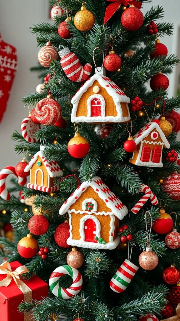 50 Creative Christmas Tree Decor Ideas to Elevate Your Holiday Spirit A Christmas tree decorated with gingerbread house ornaments, red and gold baubles, and candy canes.