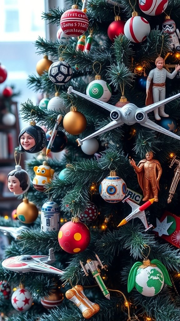 50 Creative Christmas Tree Decor Ideas to Elevate Your Holiday Spirit A Christmas tree decorated with Star Wars themed ornaments including characters and ships.