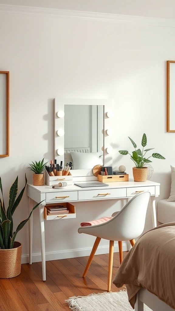 A stylish multipurpose vanity station with a mirror, lights, and organized makeup on a white desk.