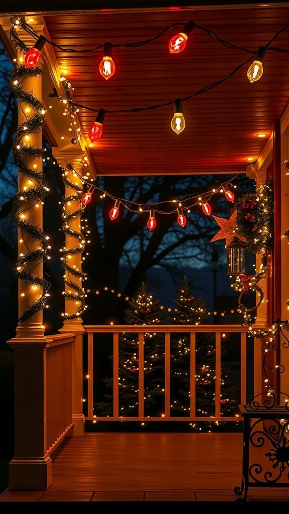 50 Charming Vintage Christmas Decor Ideas to Transform Your Home A cozy porch decorated with retro Christmas lights and greenery, creating a festive atmosphere.