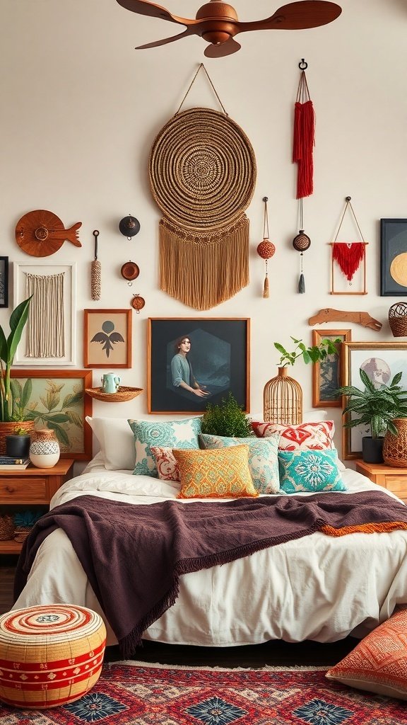 50 Boho Bedroom Decor Ideas to Transform Your Space A Boho bedroom featuring eclectic decor with colorful pillows, wall hangings, and plants.