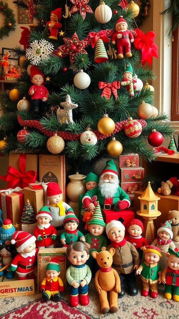50 Charming Vintage Christmas Decor Ideas to Transform Your Home A collection of vintage toys displayed around a Christmas tree, featuring dolls and festive decorations.