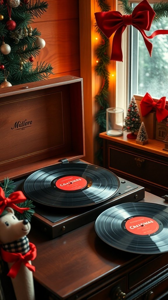 50 Charming Vintage Christmas Decor Ideas to Transform Your Home A vintage record player with Christmas vinyl records, surrounded by holiday decorations.