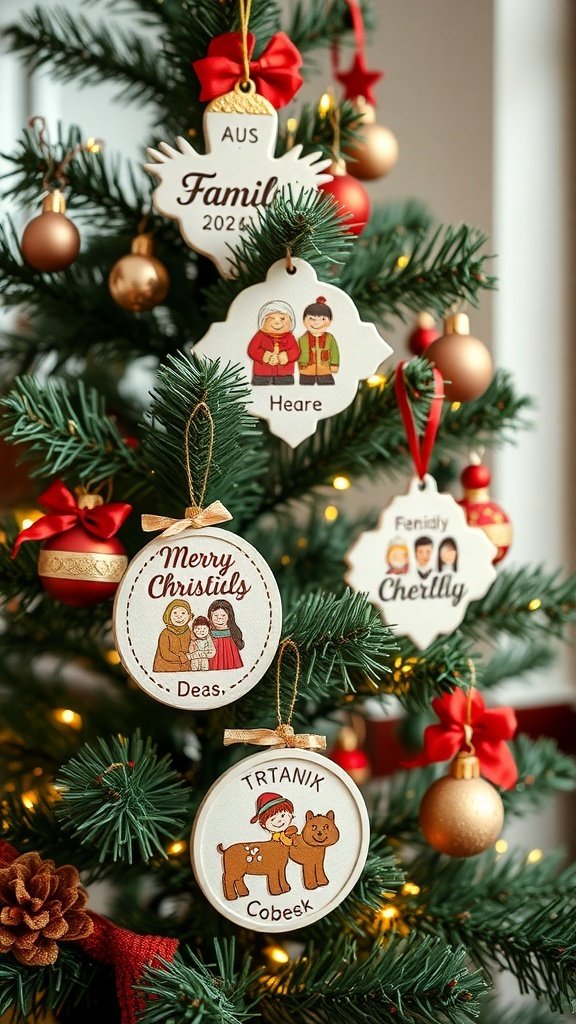 50 Creative Christmas Tree Decor Ideas to Elevate Your Holiday Spirit A Christmas tree decorated with personalized family ornaments featuring names and festive designs.