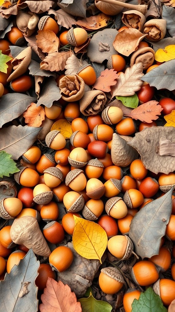 A close-up of acorns and autumn leaves on the ground.
