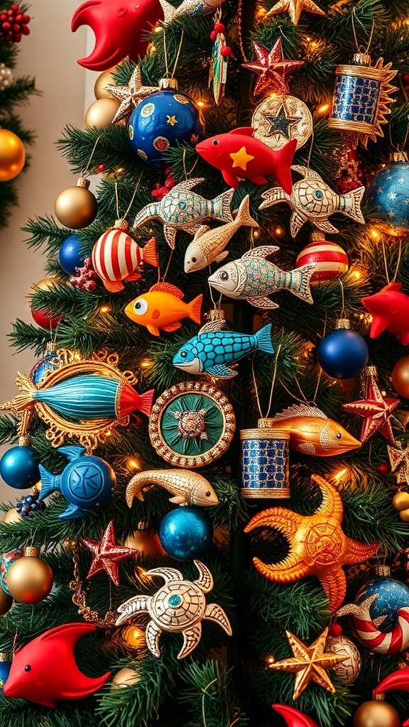 50 Creative Christmas Tree Decor Ideas to Elevate Your Holiday Spirit Christmas tree decorated with under the sea theme ornaments like fish, starfish, and colorful baubles.