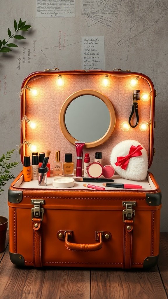 A vintage suitcase turned into a vanity with a mirror and makeup products inside, illuminated by fairy lights.