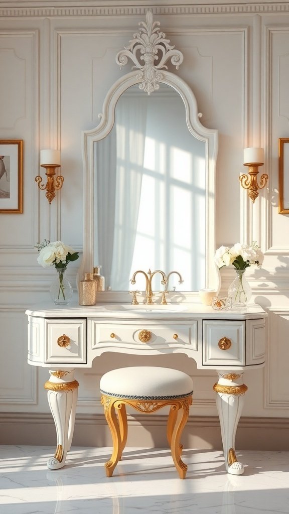 Elegant white vanity with a large mirror and decorative details