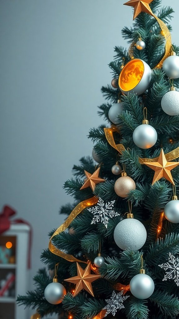 50 Creative Christmas Tree Decor Ideas to Elevate Your Holiday Spirit A beautifully decorated Christmas tree with silver and gold ornaments, star shapes, and warm lights.