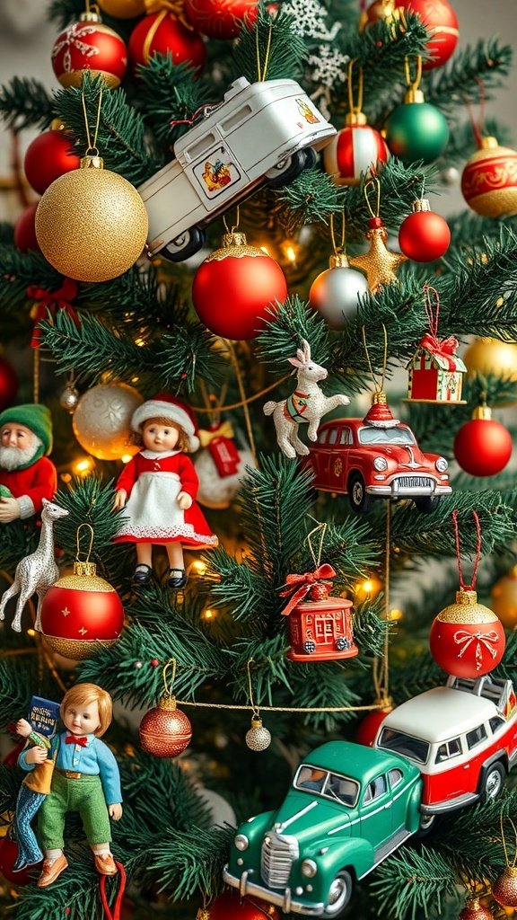 50 Creative Christmas Tree Decor Ideas to Elevate Your Holiday Spirit A Christmas tree decorated with vintage toys, including cars and dolls, along with colorful ornaments.