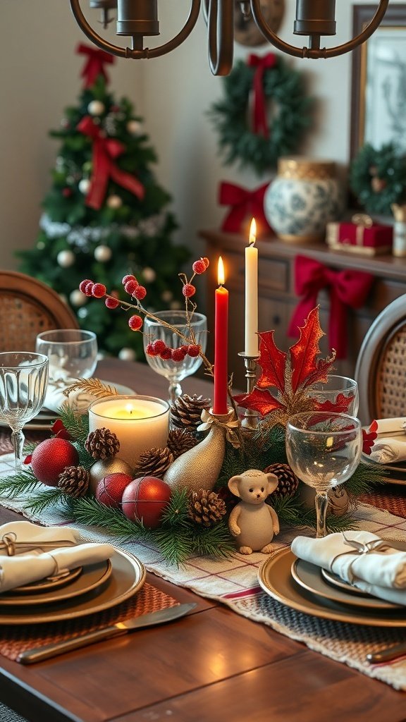 50 Charming Vintage Christmas Decor Ideas to Transform Your Home A vintage-inspired holiday table centerpiece featuring candles, ornaments, and natural elements.