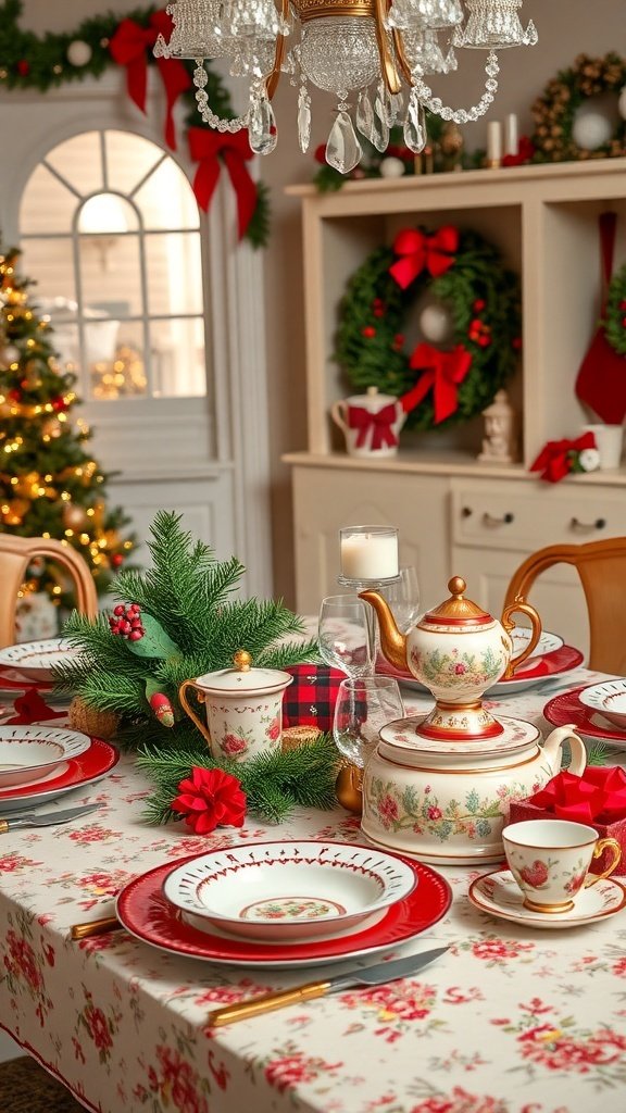 50 Charming Vintage Christmas Decor Ideas to Transform Your Home A vintage Christmas table setting with floral china, red accents, and a festive centerpiece.