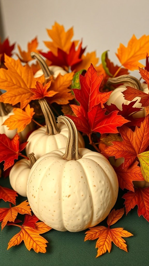 A collection of white pumpkins surrounded by colorful autumn leaves.