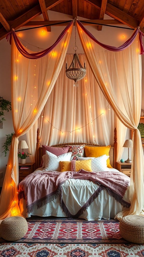 50 Boho Bedroom Decor Ideas to Transform Your Space A cozy Boho bedroom featuring a whimsical canopy bed with soft fabrics, string lights, and colorful pillows.