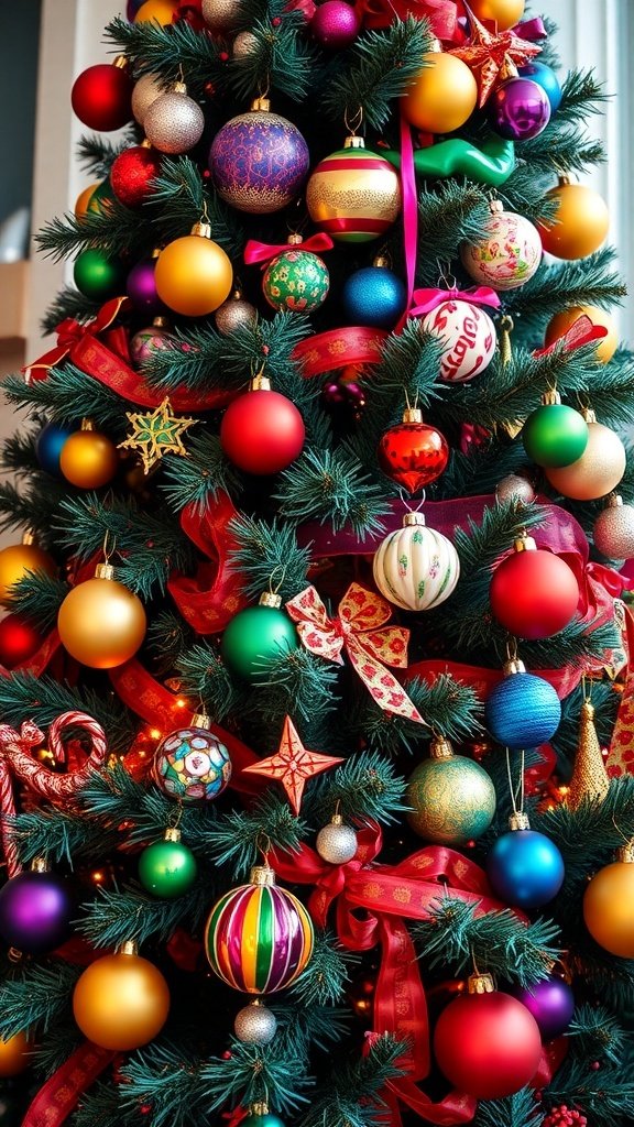 50 Creative Christmas Tree Decor Ideas to Elevate Your Holiday Spirit A colorful Christmas tree decorated with vibrant ornaments and ribbons.