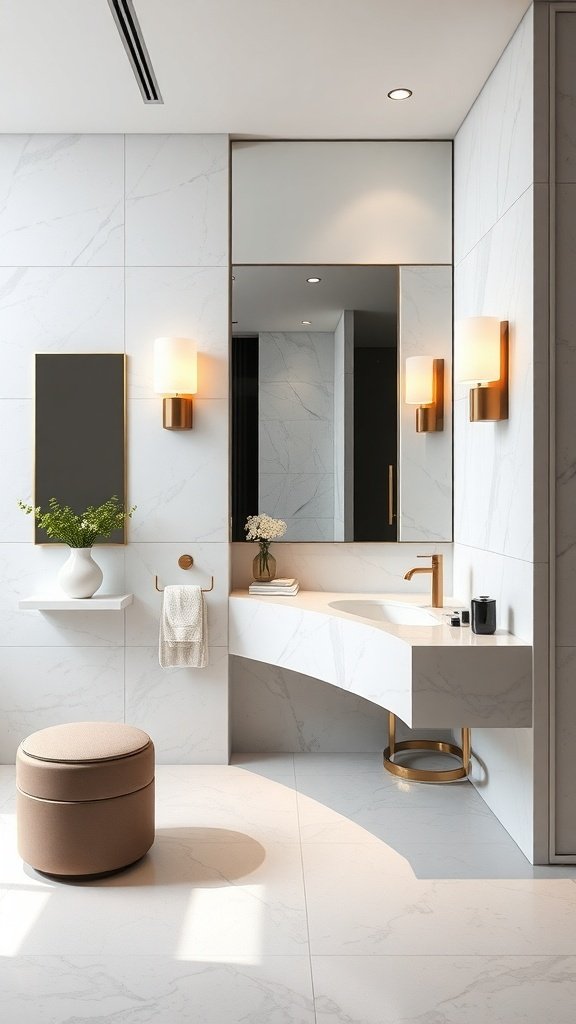 A sophisticated marble vanity with a curved countertop, gold accents, and soft lighting.