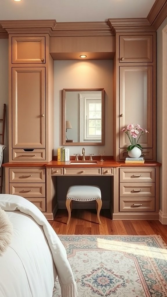 A custom built-in vanity with a mirror, storage cabinets, and a stylish chair in a bedroom setting.