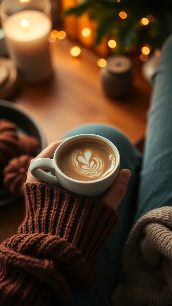 A hand holding a cup of coffee with latte art, wearing a cozy brown sweater, surrounded by candles and soft lights.