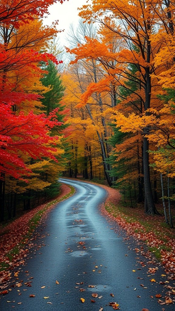 A winding road through a colorful autumn forest with vibrant red, orange, and yellow leaves.