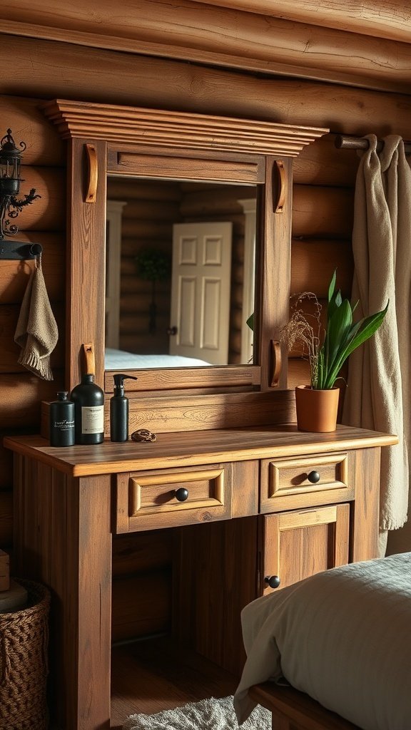 A rustic wood vanity with a mirror, set in a cozy bedroom with wooden walls.