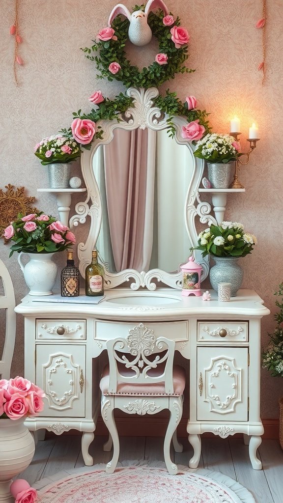 A whimsical fairy tale vanity with white woodwork, pink roses, and a decorative mirror.