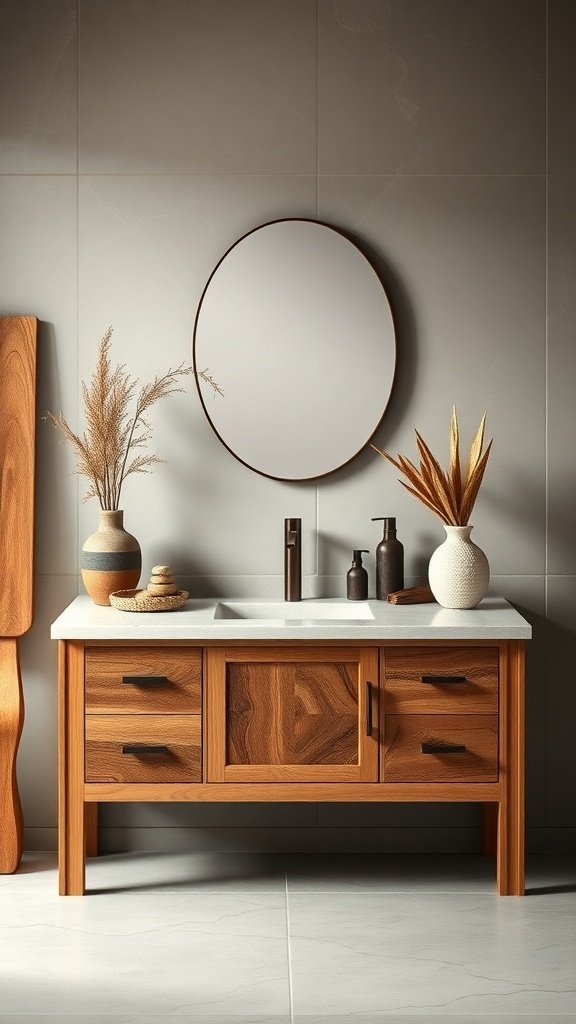 Artisan crafted wooden vanity with a round mirror and decorative vases