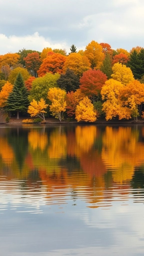 A serene lake surrounded by colorful autumn trees reflecting in the water.