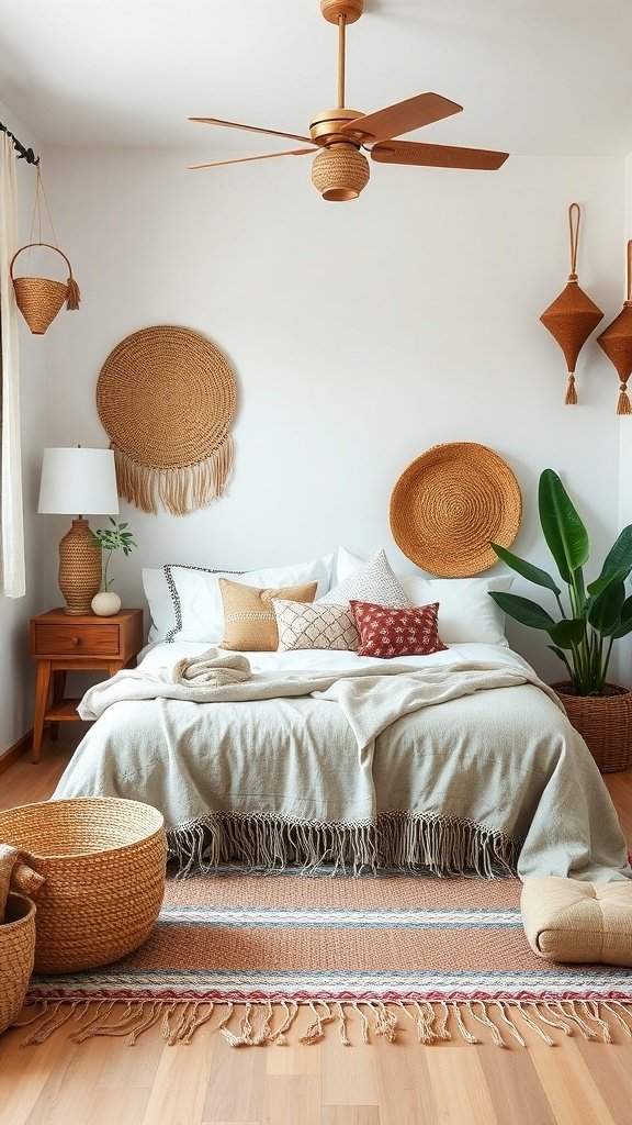 50 Boho Bedroom Decor Ideas to Transform Your Space A cozy Boho bedroom featuring artisan-made accessories, including woven baskets and wall hangings.