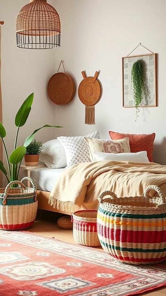 50 Boho Bedroom Decor Ideas to Transform Your Space A Boho bedroom featuring colorful woven baskets for storage, a cozy bed, and decorative wall hangings.
