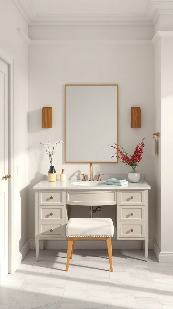 A simple and elegant vanity setup with a light-colored vanity, gold fixtures, and a decorative vase.