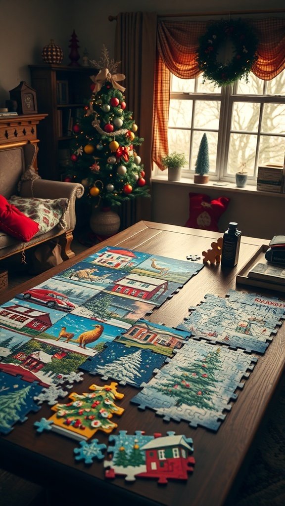 50 Charming Vintage Christmas Decor Ideas to Transform Your Home A cozy living room with a Christmas tree and a table filled with colorful Christmas-themed puzzles.