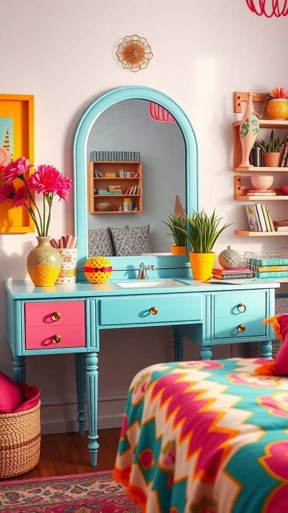 A colorful vanity with a blue and pink design, surrounded by vibrant accessories and decor.