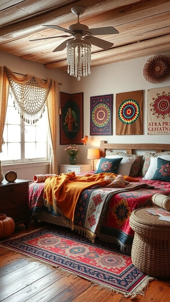 50 Boho Bedroom Decor Ideas to Transform Your Space A cozy Boho bedroom featuring vintage textiles, colorful quilts, and woven decor.