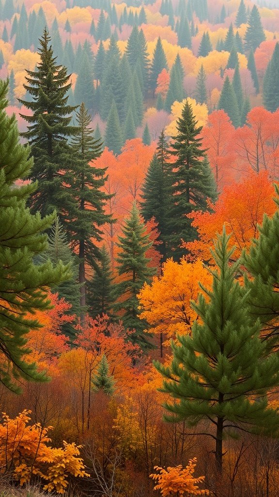 A vibrant autumn forest with orange and yellow leaves, tall pine and cedar trees.