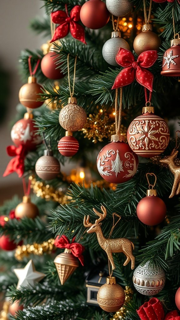 50 Creative Christmas Tree Decor Ideas to Elevate Your Holiday Spirit A beautifully decorated Christmas tree with artisan handmade ornaments including red and gold baubles, bows, and a golden reindeer.