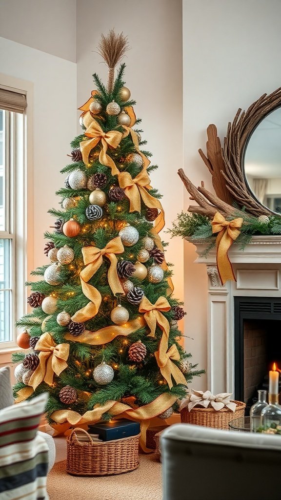 50 Creative Christmas Tree Decor Ideas to Elevate Your Holiday Spirit A beautifully decorated Christmas tree with rustic woodland ornaments, featuring pinecones, gold and silver baubles, and yellow ribbons.