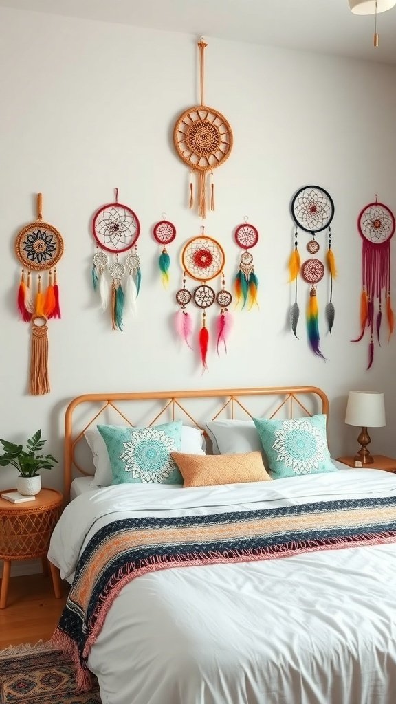 50 Boho Bedroom Decor Ideas to Transform Your Space A Boho bedroom featuring a bed with colorful pillows and a wall adorned with various dreamcatchers.