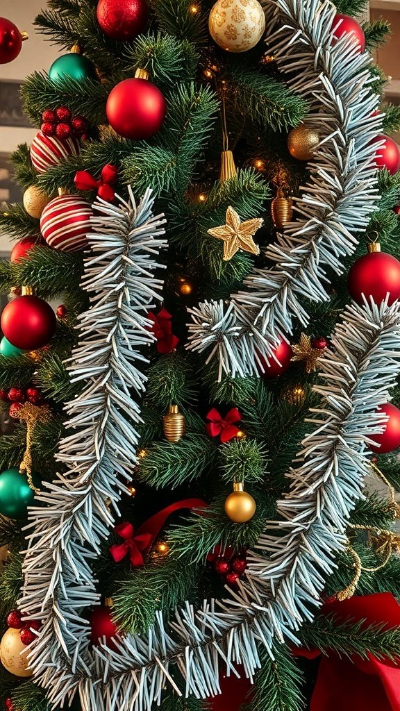 50 Charming Vintage Christmas Decor Ideas to Transform Your Home A Christmas tree decorated with classic tinsel garlands and colorful ornaments.
