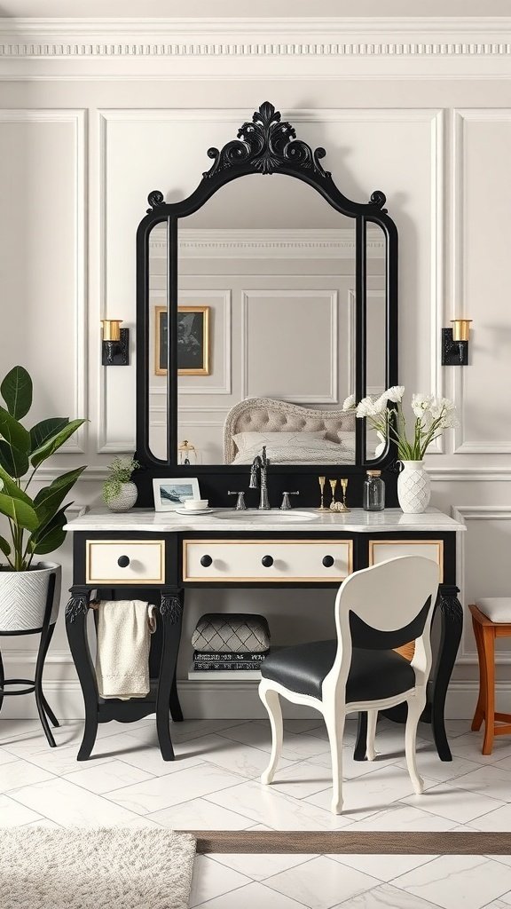 A classic black and white vanity with an ornate mirror, marble countertop, and elegant chair in a stylish bedroom setting.