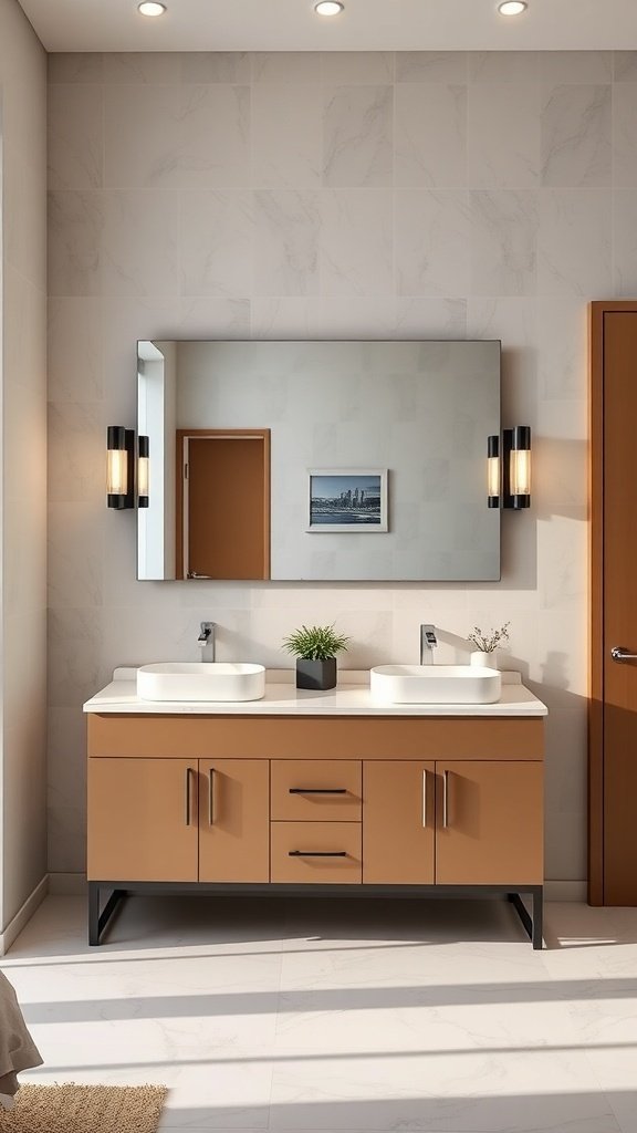 Modern dual-sink vanity with warm cabinetry and stylish lighting