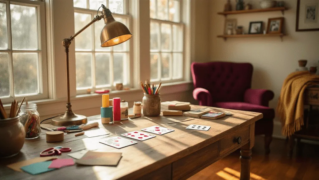 Cozy home office with natural sunlight, a rustic desk scattered with craft supplies, playing cards, love notes, and a plush armchair, featuring soft bokeh and warm colors.