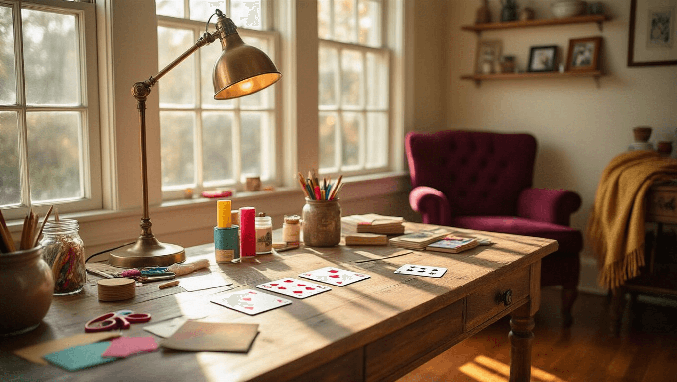 Cozy home office with natural sunlight, a rustic desk scattered with craft supplies, playing cards, love notes, and a plush armchair, featuring soft bokeh and warm colors.