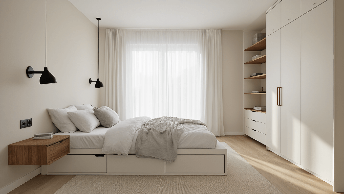 Photorealistic interior of a small Scandinavian minimalist bedroom featuring a queen-size platform bed with built-in storage, white linens, floating walnut nightstands, and floor-to-ceiling wardrobes, illuminated by natural morning light through sheer curtains, emphasizing clean lines, a neutral palette, and curated decor.